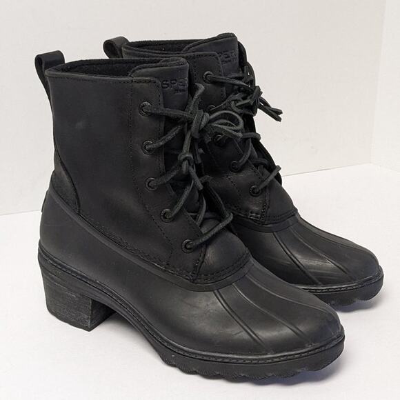 Sperry Saltwater Heeled Ankle Boots, Black Leather, Women's 8 M - Picture 1 of 6